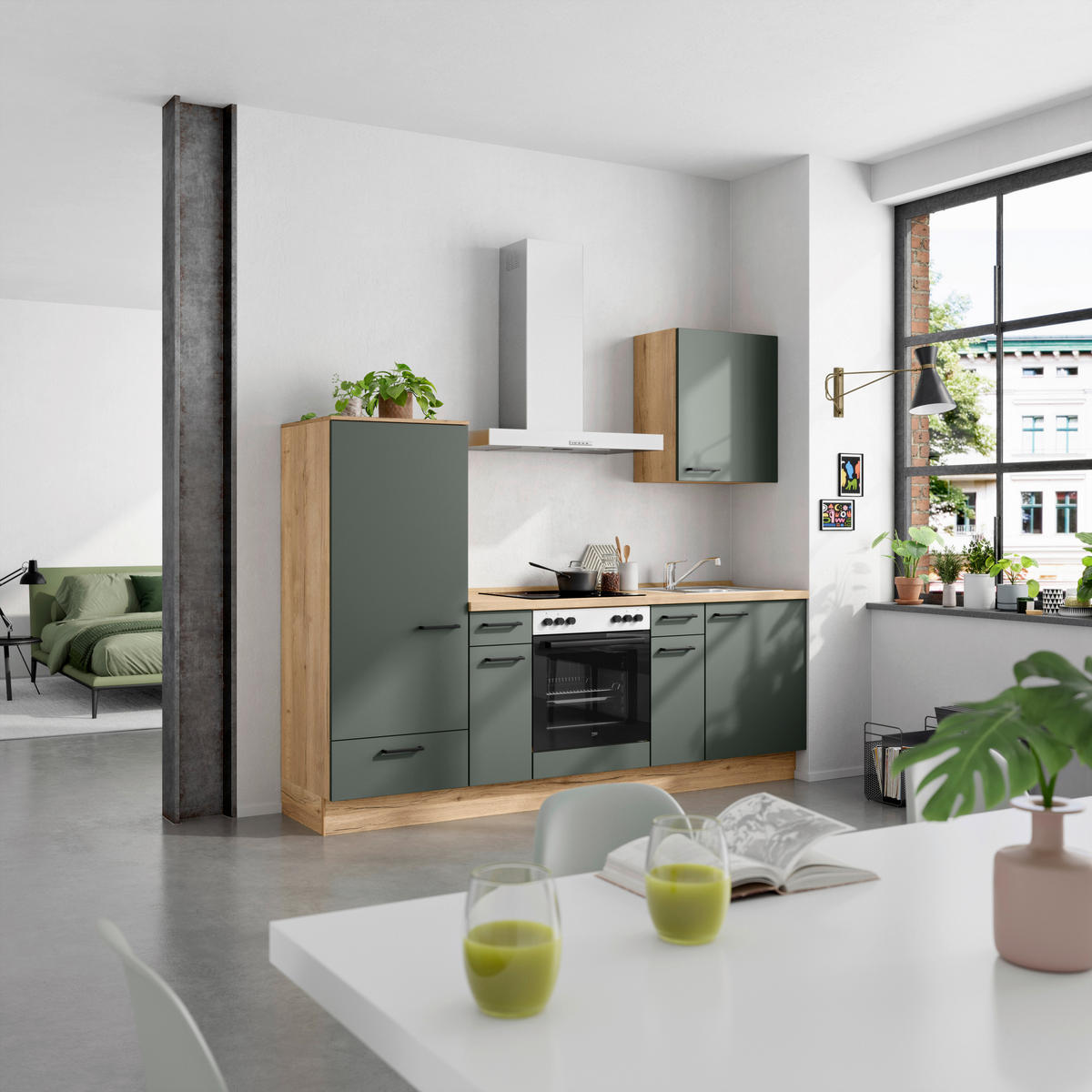 KÜCHENBLOCK Easytouch 240 cm  in Eichefarben, Dunkelgrün  - Dunkelgrün/Eichefarben, MODERN, Holzwerkstoff/Metall (240cm) - Nobilia