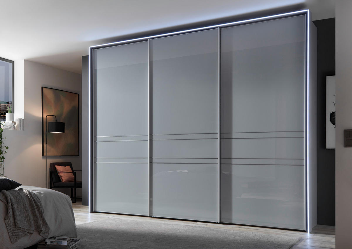 SCHWEBETÜRENSCHRANK in Hellgrau  - Chromfarben/Hellgrau, Design, Glas/Holzwerkstoff (298/240/68cm) - Moderano