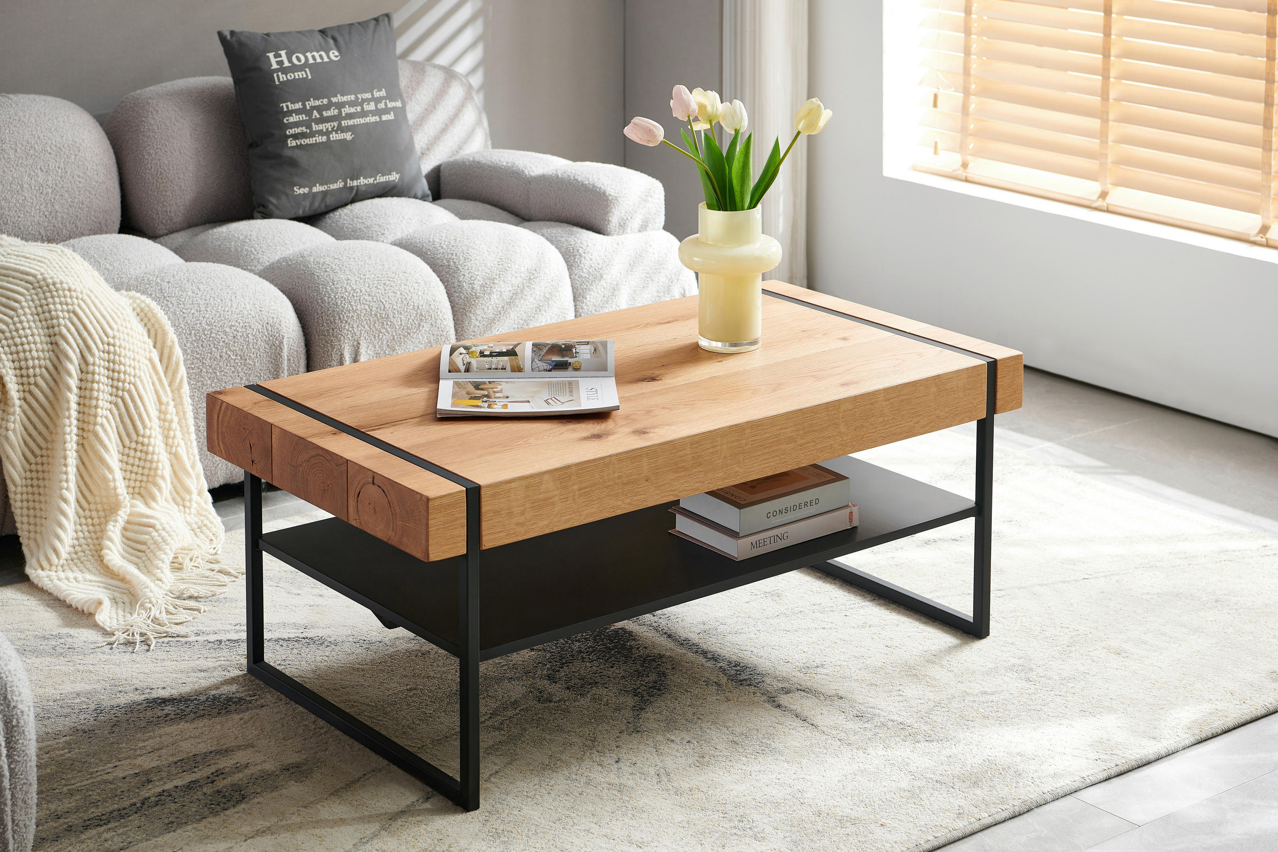 COUCHTISCH Eiche furniert, massiv rechteckig Naturfarben, Schwarz  - Schwarz/Naturfarben, Design, Holz/Metall (110/45/59cm) - Livetastic