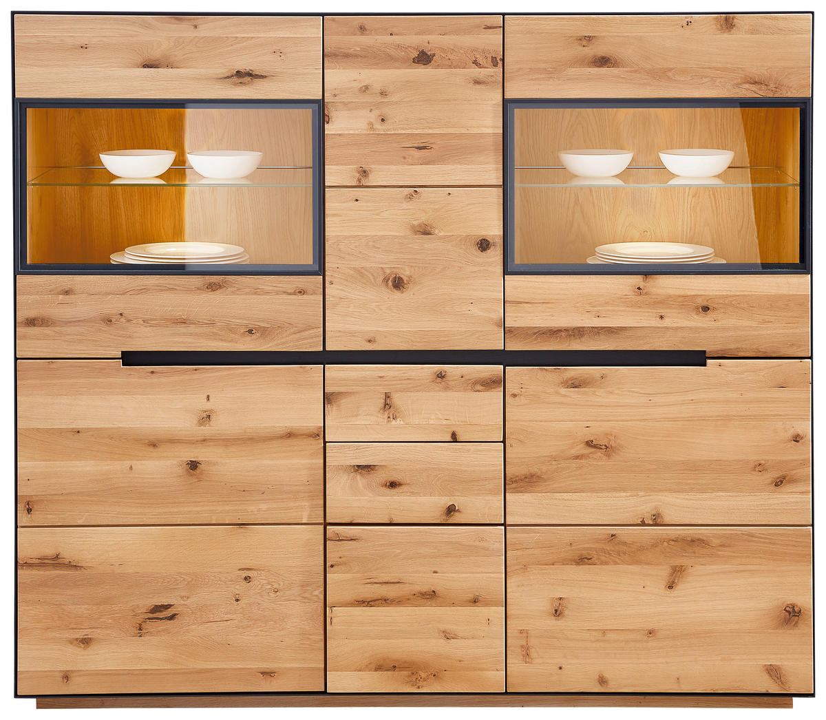 HIGHBOARD KELIO, 155/136/38 cm, 3 Schublade(n)  - Eichefarben/Anthrazit, Natur, Glas/Holz (155/136/38cm) - Linea Natura