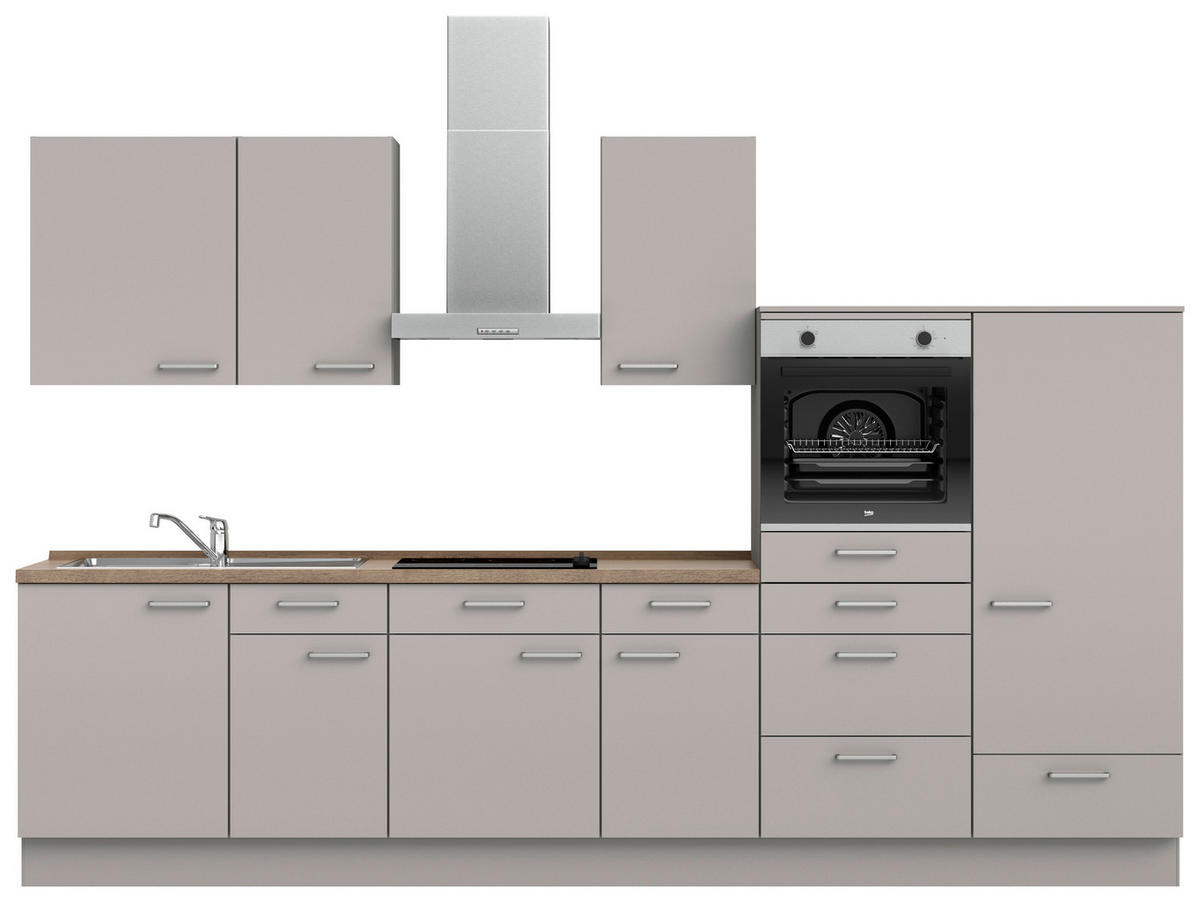 KÜCHENBLOCK 330 cm   in Grau, Eiche dunkel  - Eiche dunkel/Edelstahlfarben, MODERN, Holzwerkstoff/Metall (330cm) - Nobilia