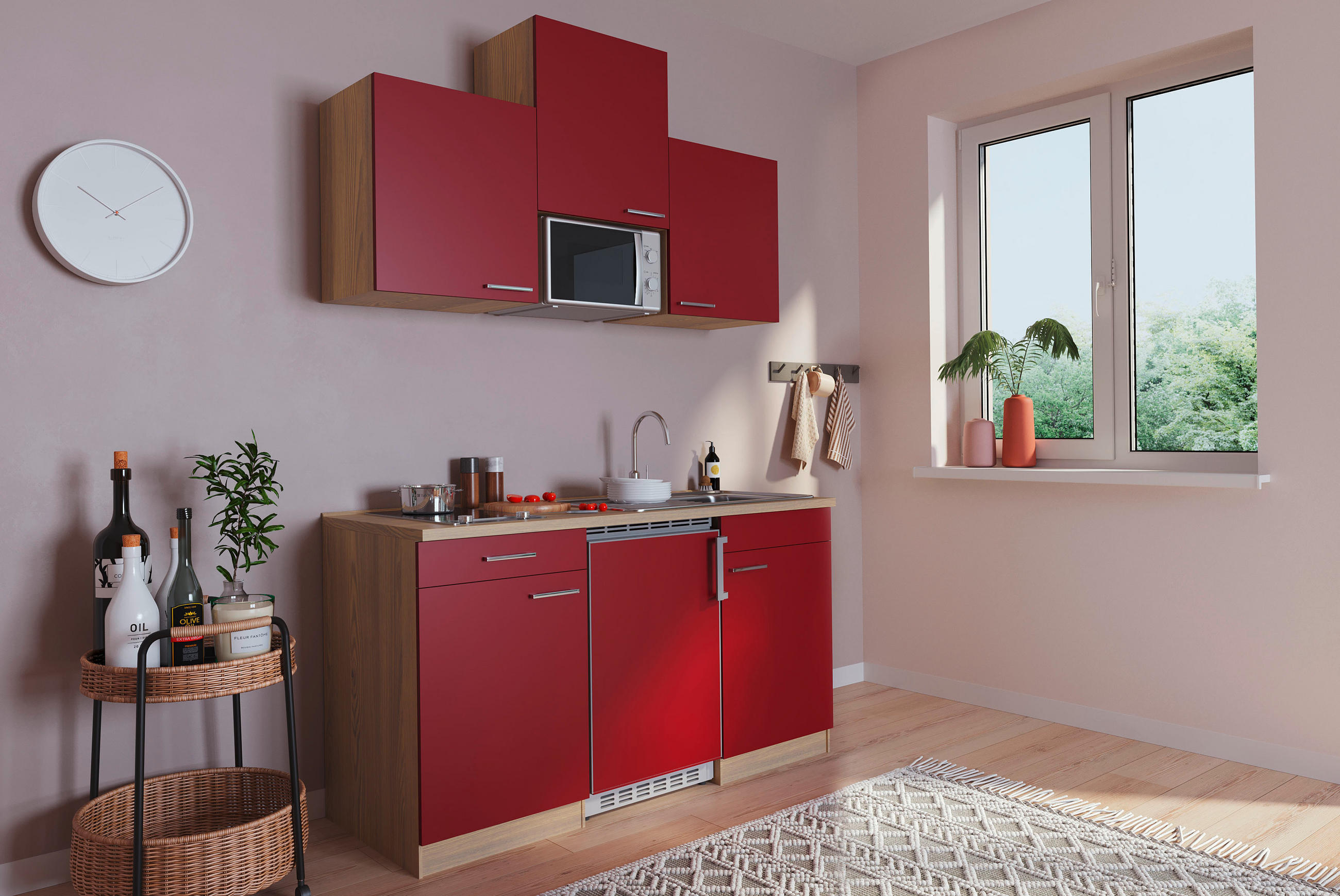 MINIKÜCHE 150 cm Rot, Eichefarben E-Geräte, Spüle - Eichefarben/Rot, Basics (150cm) - Respekta