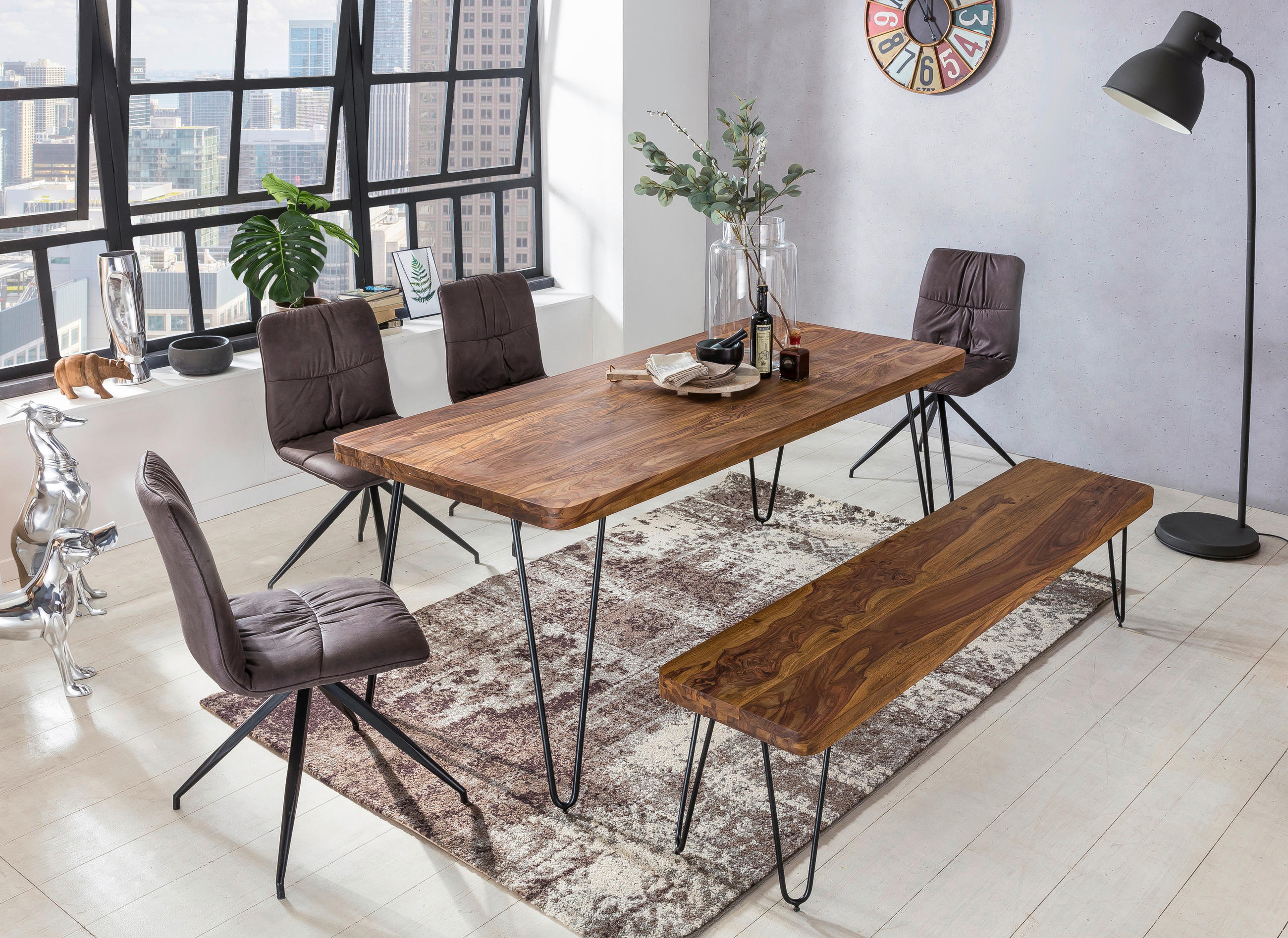 ESSTISCH Sheesham massiv rechteckig Sheeshamfarben  - Sheeshamfarben/Schwarz, Design, Holz/Metall (200/80/76cm) - MID.YOU