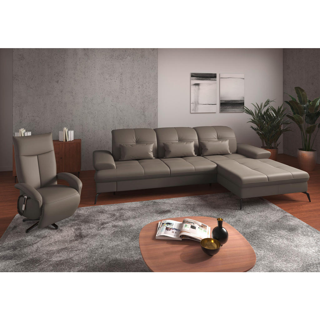 Thumbnail - Sit & More Ecksofa, Grau, Leder, Echtleder, Nappaleder, 4,5-Sitzer, Ottomane rechts, L-Form, 279x185 cm, Goldenes M, Mad...