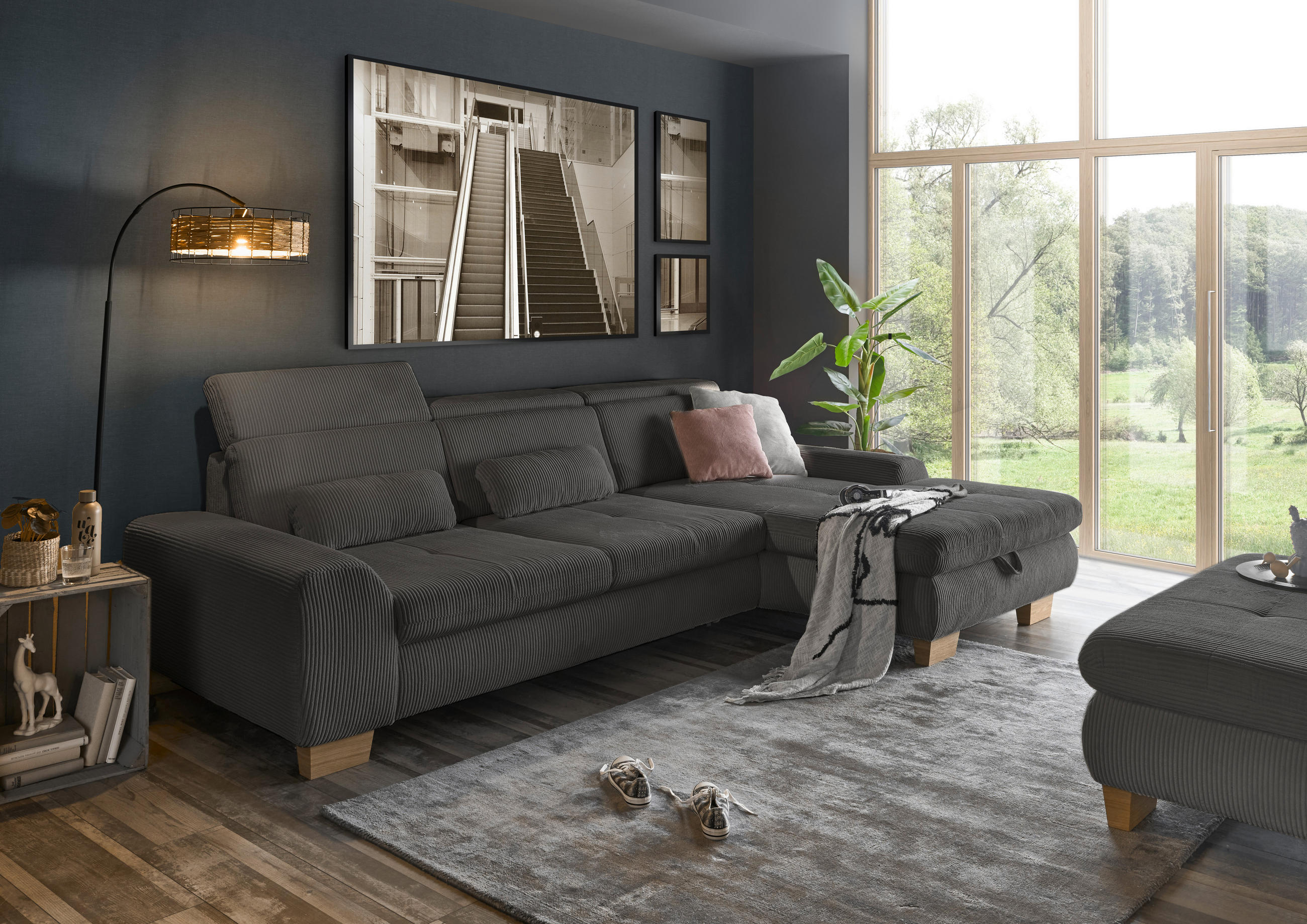 ECKSOFA Anthrazit Kord - Eiche Bianco/Anthrazit, KONVENTIONELL, Holz/Textil (315/195cm) - SetOne by Musterring