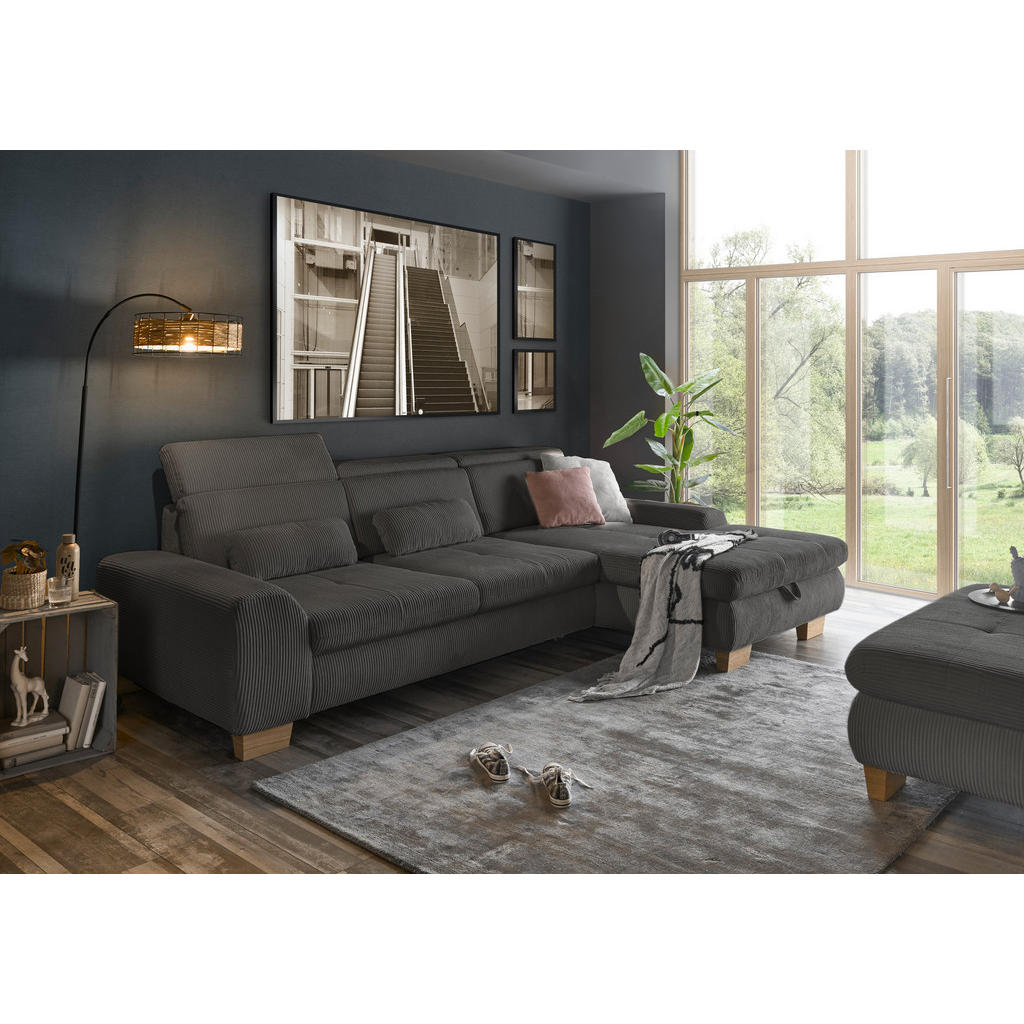 Thumbnail - SetOne by Musterring Ecksofa, Anthrazit, Textil, Buche, furniert, massiv, 3-Sitzer, Ottomane rechts, L-Form, 307x195 cm,...