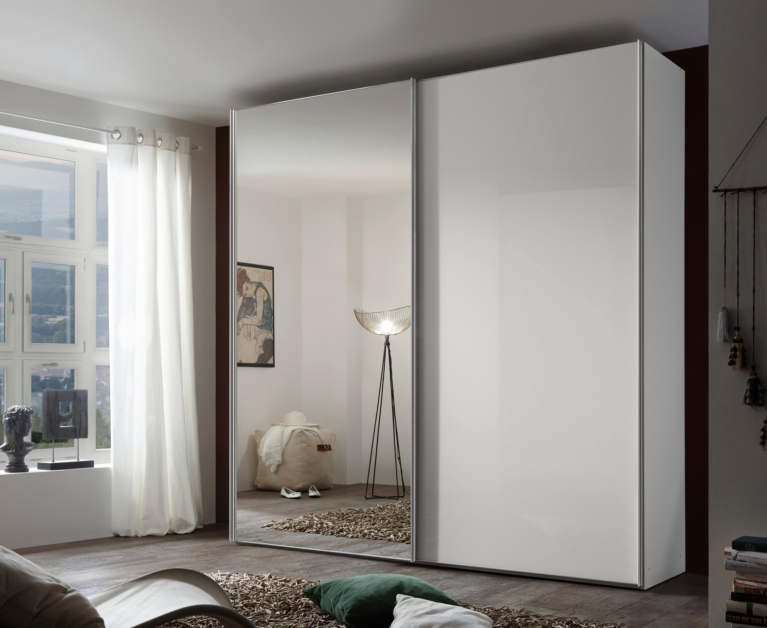 SCHWEBETÜRENSCHRANK in Weiss  - Chromfarben/Weiss, Basics, Glas/Holzwerkstoff (200/222/68cm) - Moderano
