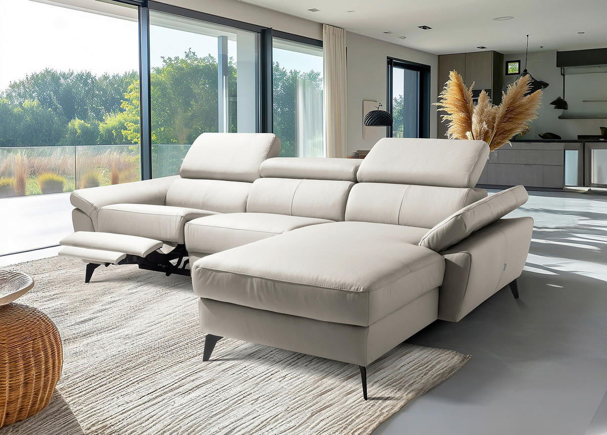 ECKSOFA SONO in Lederlook Echtleder Platinfarben Armteilverstellung, Kopfteilverstellung  252/179 cm  - Platinfarben/Schwarz, Design, Leder/Textil (252/179cm) - Livetastic