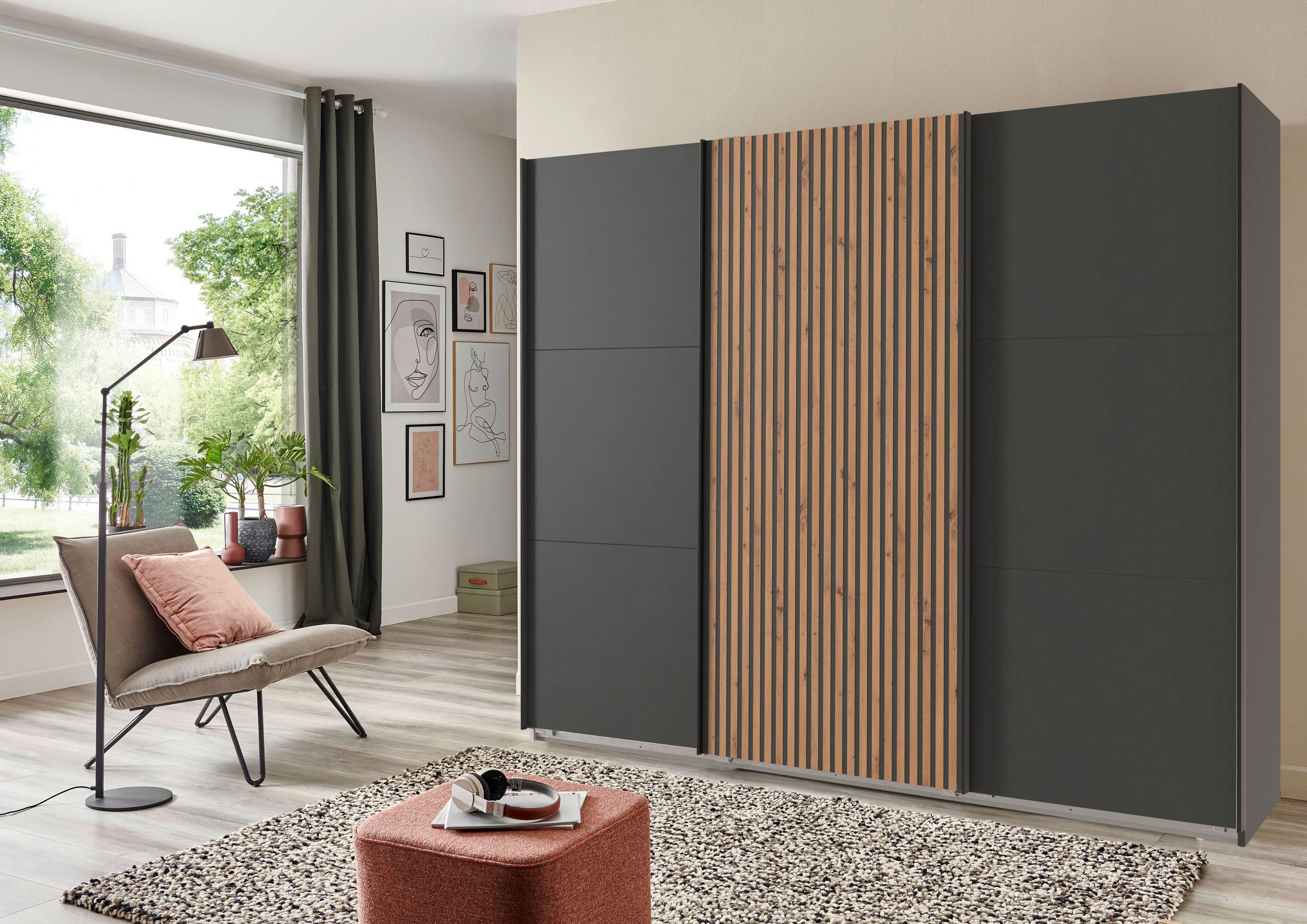 GARDEROB MED SKJUTDÖRRAR 300/216/65 cm 3-dörrar - grafitfärgad/svart, Modern, metall/trämaterial (300/216/65cm) - MID.YOU