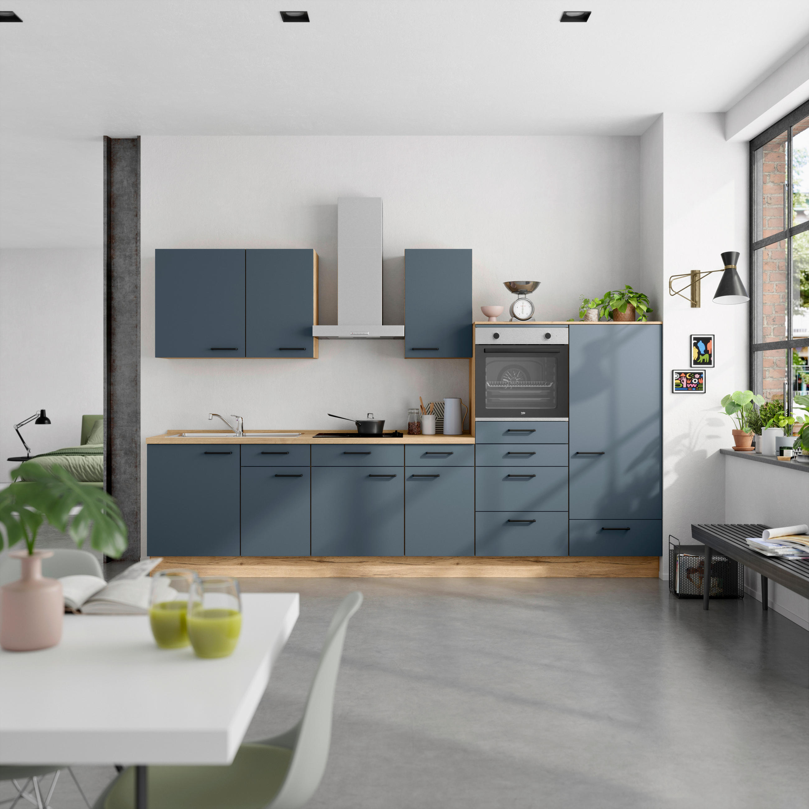 Nobilia Küchenleerblock Easytouch Blau, Eiche 330 cm