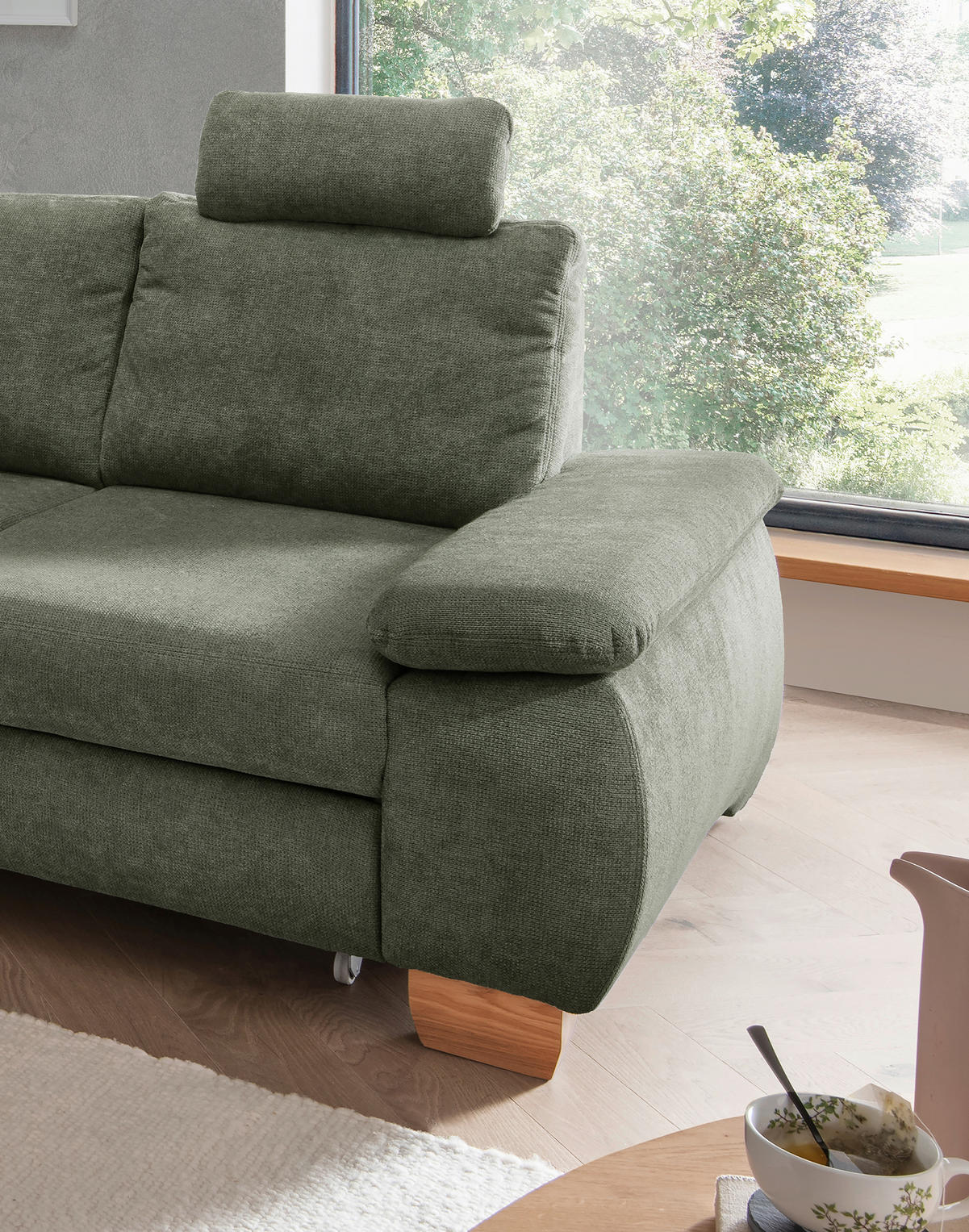 ECKSCHLAFSOFA in Chenille Dunkelgrün  - Wildeiche/Dunkelgrün, Modern, Holz/Textil (206/261cm) - Livetastic