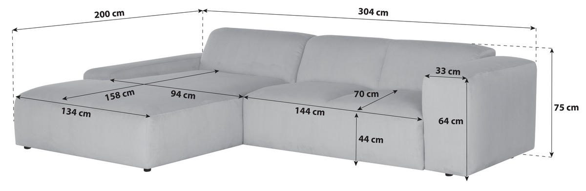 ECKSOFA HANNAH Creme Cord  - Creme/Schwarz, Design, Kunststoff/Textil (200/304cm) - MID.YOU
