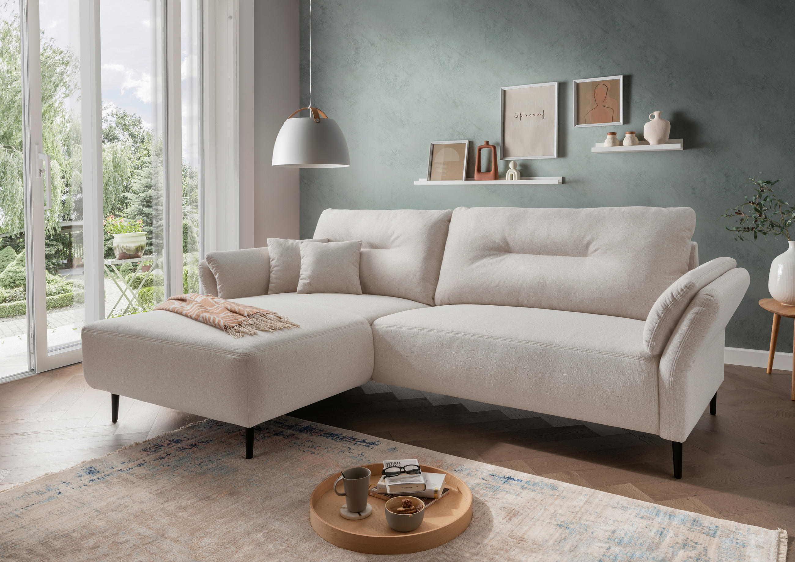 ECKSOFA in Mikrofaser Creme  - Creme/Schwarz, MODERN, Holz/Textil (269/172cm) - MID.YOU