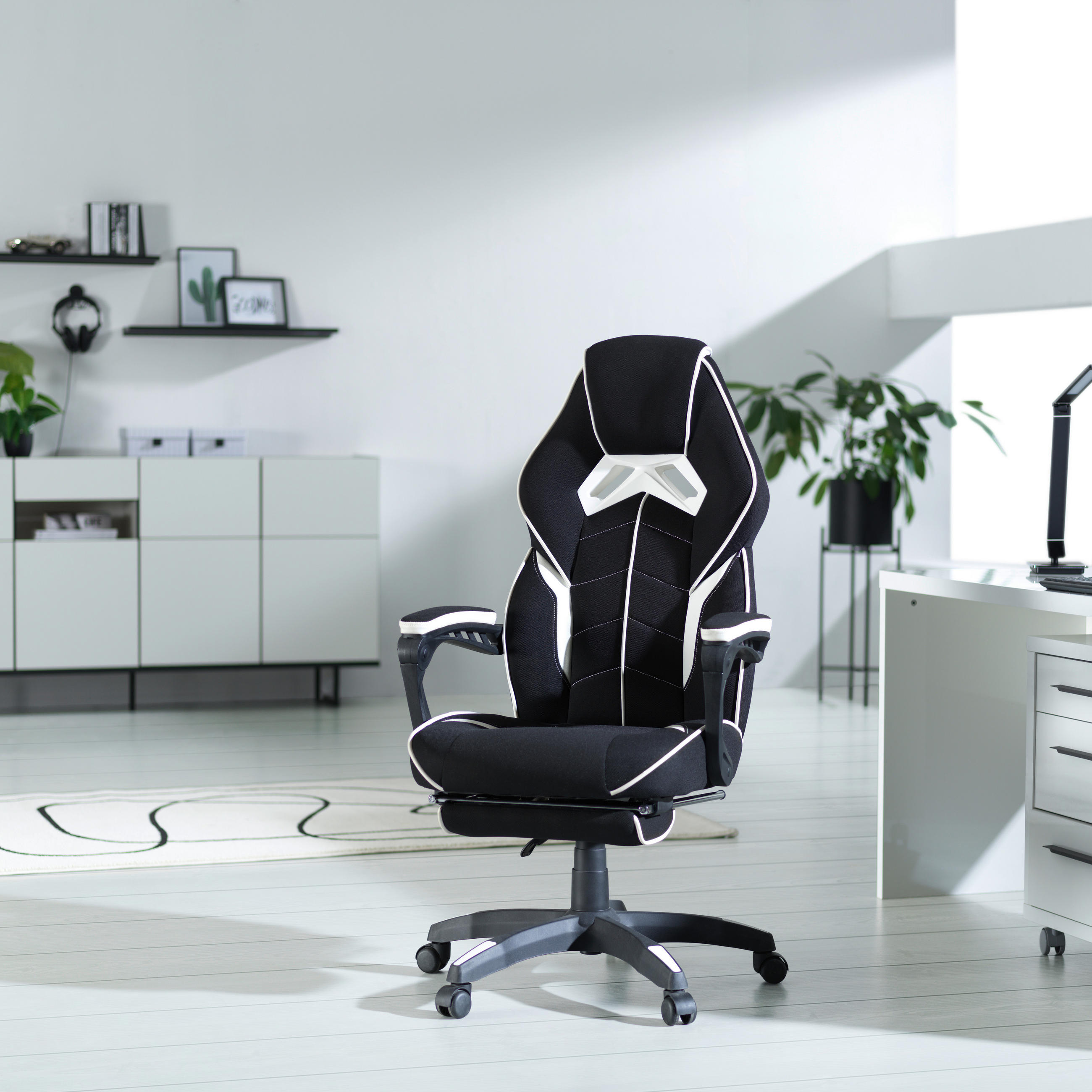 Thumbnail - Novel Gamingstuhl, Schwarz, Weiß, Metall, Kunststoff, Textil, Sternfuß, 65x114x67 cm, Sitzfläche 360° drehbar, ausziehba...