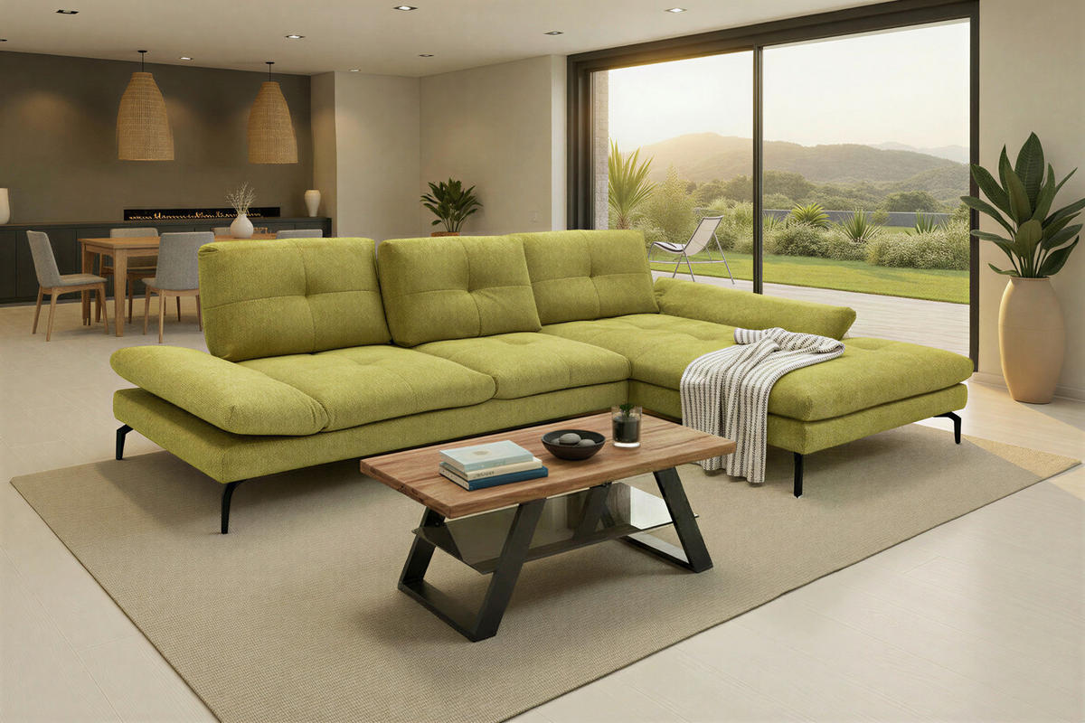 ECKSOFA Hellgelb Struktur Rücken echt, Armteilverstellung, Sitztiefenverstellung  - Hellgelb/Schwarz, Design, Textil/Metall (340/203cm) - Chilliano