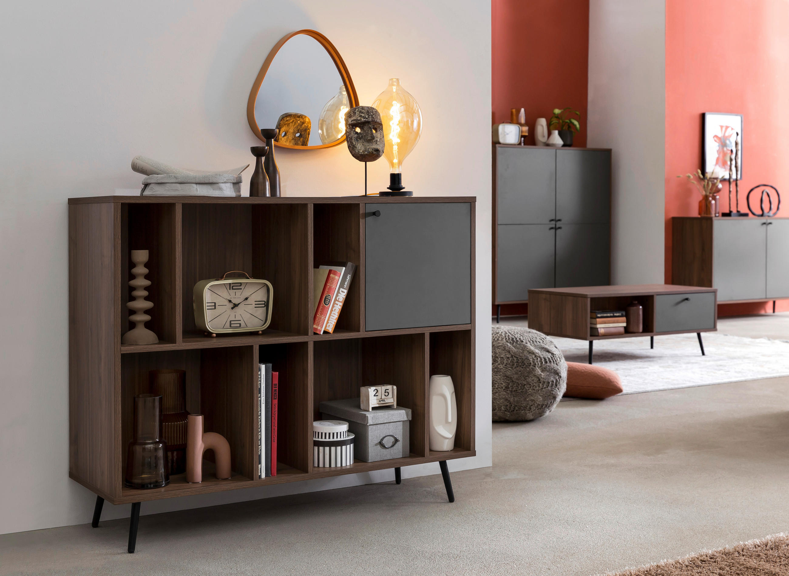 REGAL Grau, Walnussfarben  - Walnussfarben/Schwarz, Design, Holzwerkstoff/Metall (118/76/40cm) - Livetastic