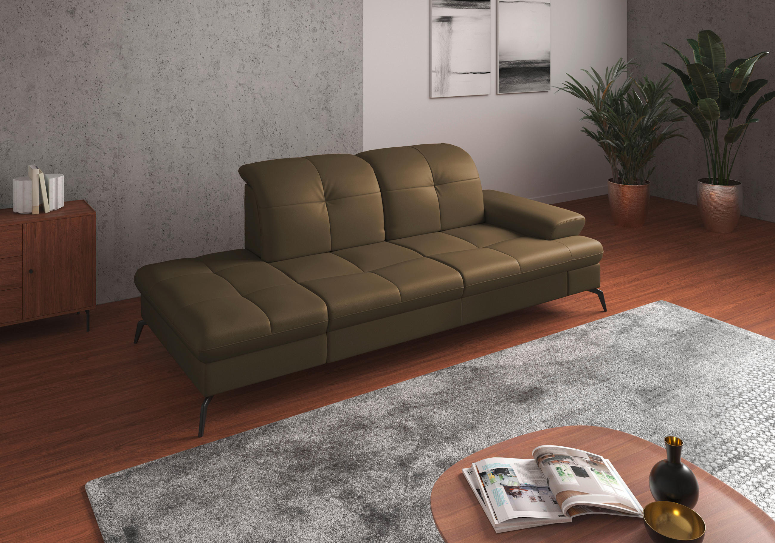 RÉCAMIERE Olivgrün Kombination Echtleder/Stoff Vliesstoff  - Schwarz/Olivgrün, KONVENTIONELL, Leder/Textil (231/90/122cm) - Sit & More