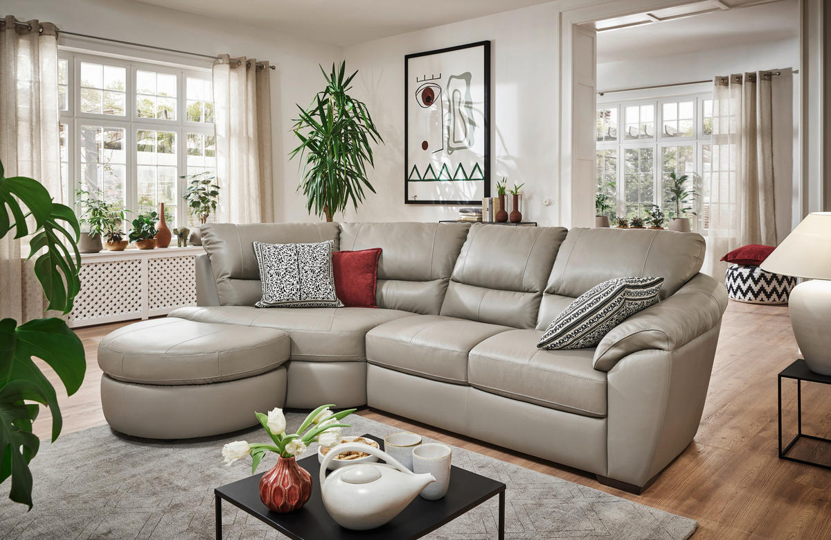 ECKSOFA  in Kombination Echtleder/Lederlook Grau  194/273 cm  - Wengefarben/Grau, KONVENTIONELL, Leder/Holz (194/273cm) - Livetastic