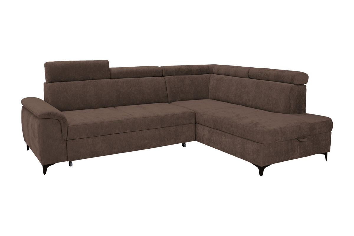 ECKSOFA Dunkelbraun Chenille Bettkasten, Schlaffunktion, Rücken echt, Kopfteilverstellung, Liegefläche im Originalstoff  - Dunkelbraun/Schwarz, KONVENTIONELL, Textil/Metall (265/206cm) - Carryhome