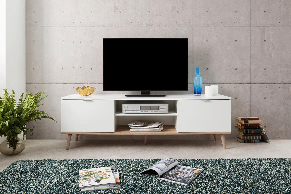 KOMODA POD TELEVIZI, bílá, Sonoma dub, 160/50/40 cm - bílá/barvy dubu, Konvenční, kov/dřevo (160/50/40cm) - MID.YOU