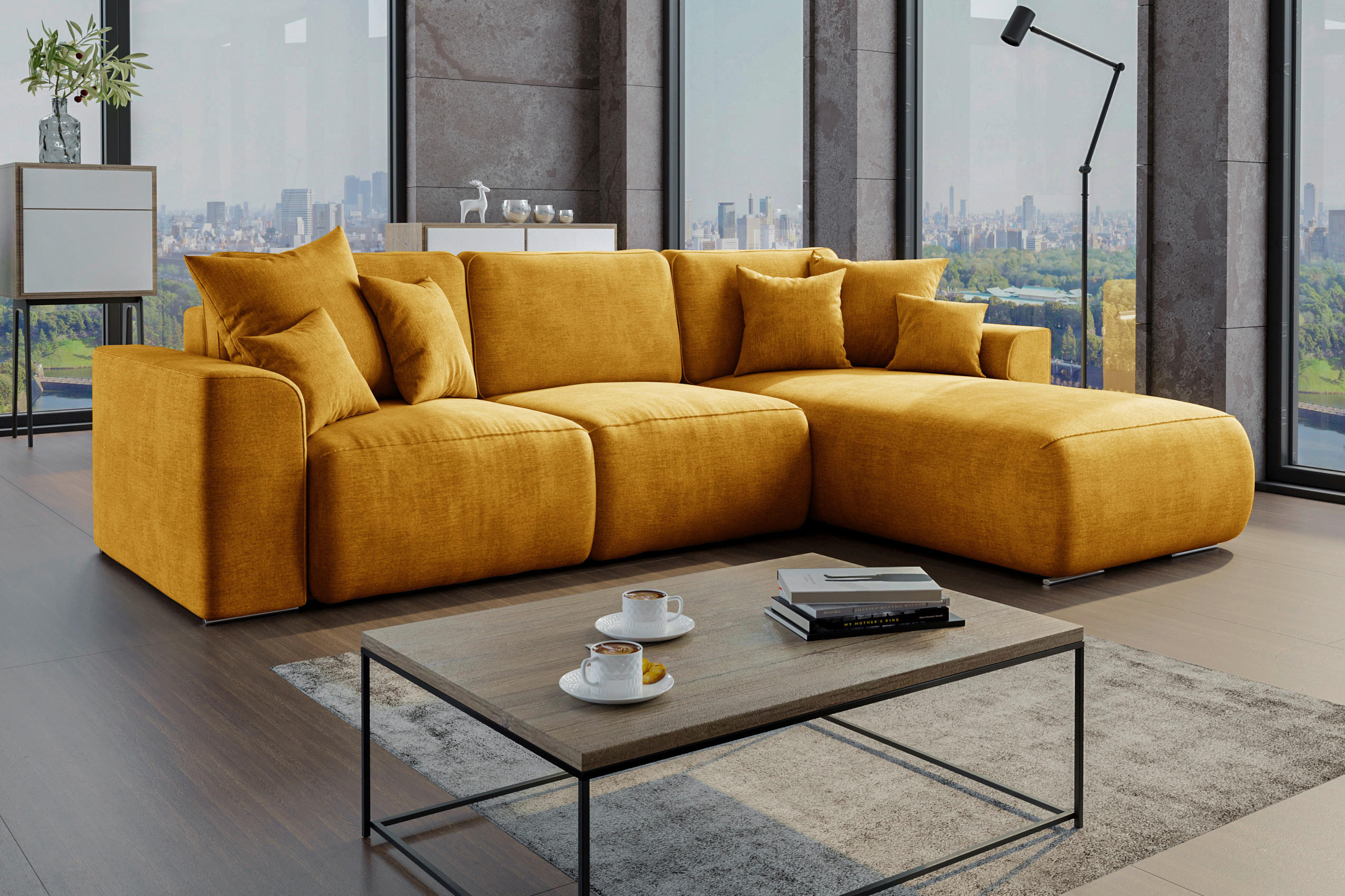 ECKSOFA in Samt Gelb  293/195 cm  - Chromfarben/Gelb, KONVENTIONELL, Kunststoff/Textil (293/195cm) - Carryhome