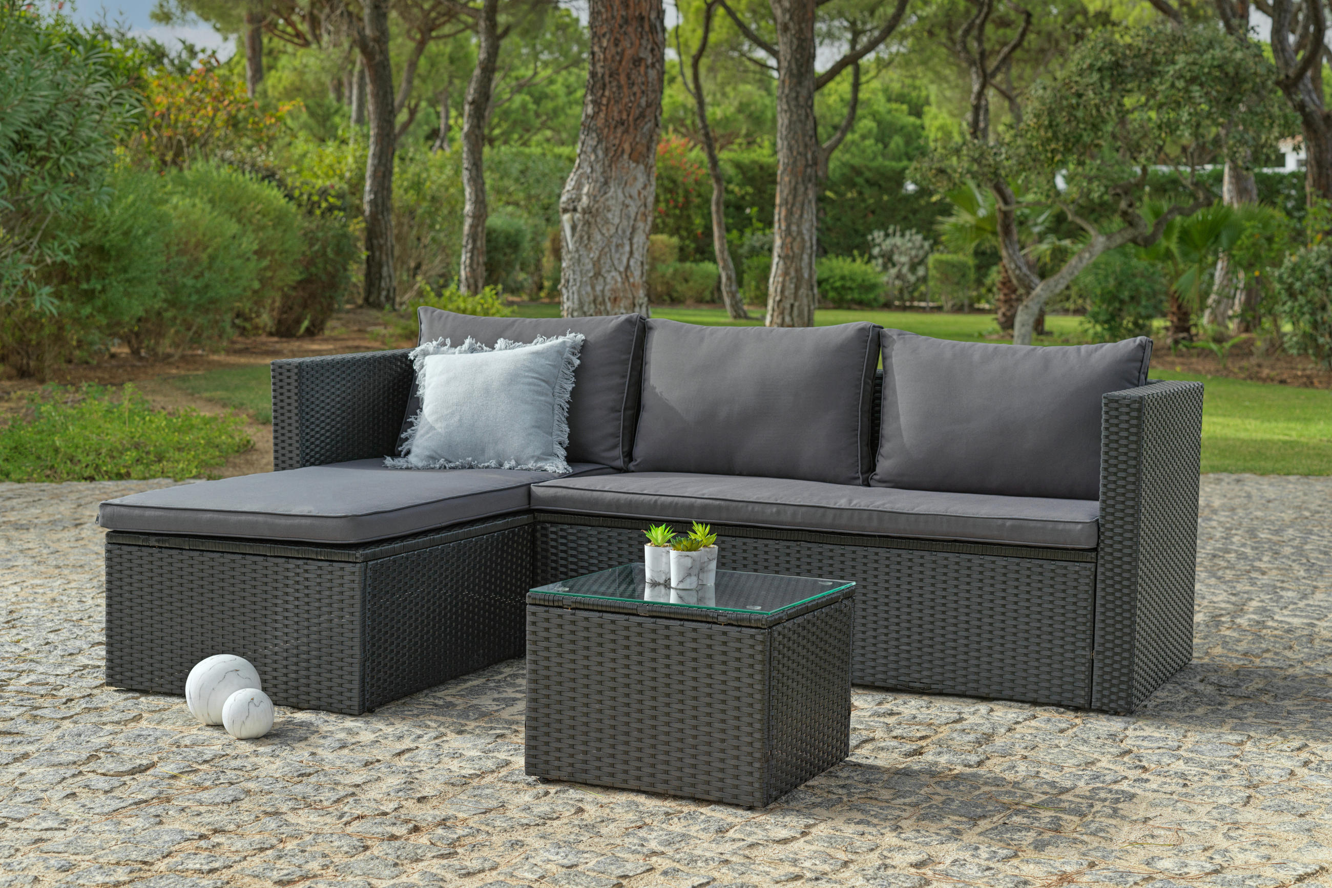 LOUNGEGARNITUR  145/207 cm  Stahl  - Dunkelgrau/Schwarz, MODERN, Glas/Kunststoff (145/207cm)
