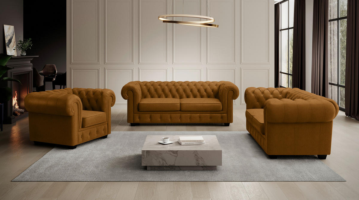 CHESTERFIELD-SESSEL in Webstoff Currygelb  - Wengefarben/Currygelb, Lifestyle, Holz/Textil (115/76,5/96cm) - Landscape
