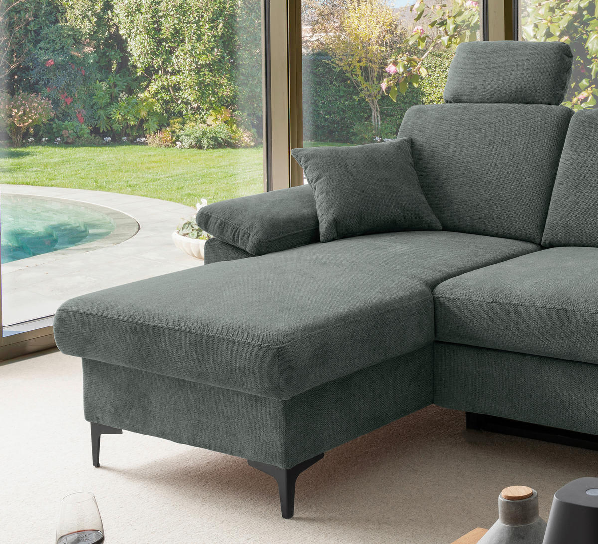 ECKSOFA Chenille Dunkelgrün  - Dunkelgrün/Schwarz, Konventionell, Textil/Metall (151/245cm) - Livetastic