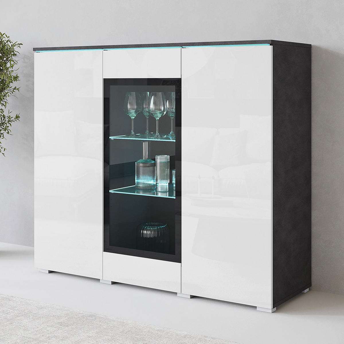 HIGHBOARD Vera  in 120/103,3/39,5 cm  - Weiss Hochglanz/Anthrazit, Trend, Glas/Holzwerkstoff (120/103,3/39,5cm) - P & B