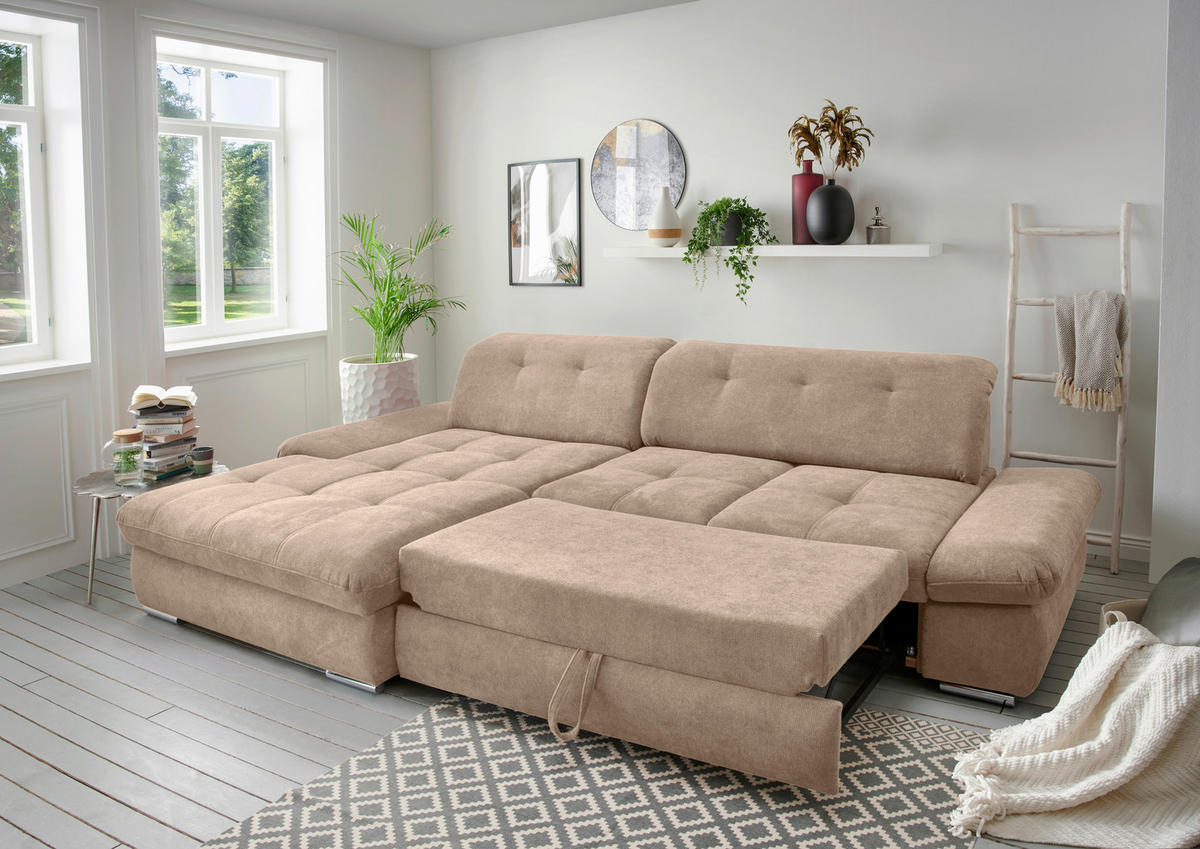 ECKSOFA in Chenille Hellbraun  - Chromfarben/Hellbraun, Design, Textil/Metall (196/300cm) - Livetastic