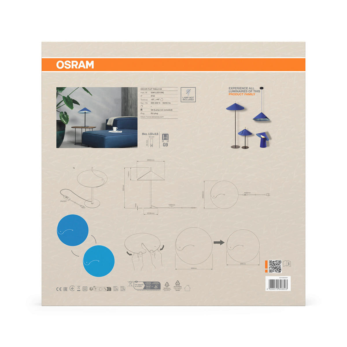 TISCHLEUCHTE 35/52 cm   - Blau, Basics, Glas/Textil (35/52cm) - Osram