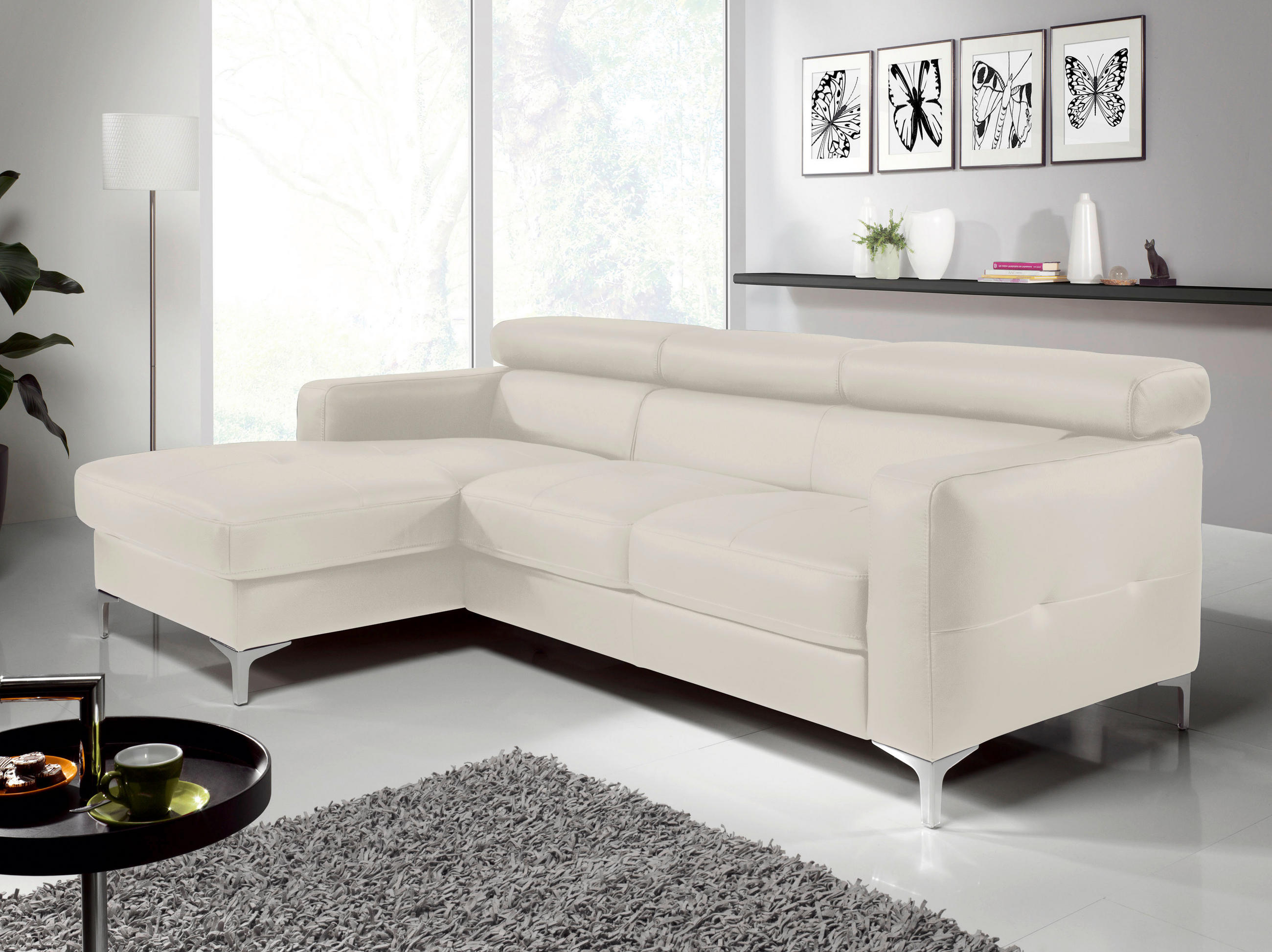ECKSOFA Weiß Echtleder  - Chromfarben/Weiß, Design, Leder/Metall (169/226cm) - Livetastic