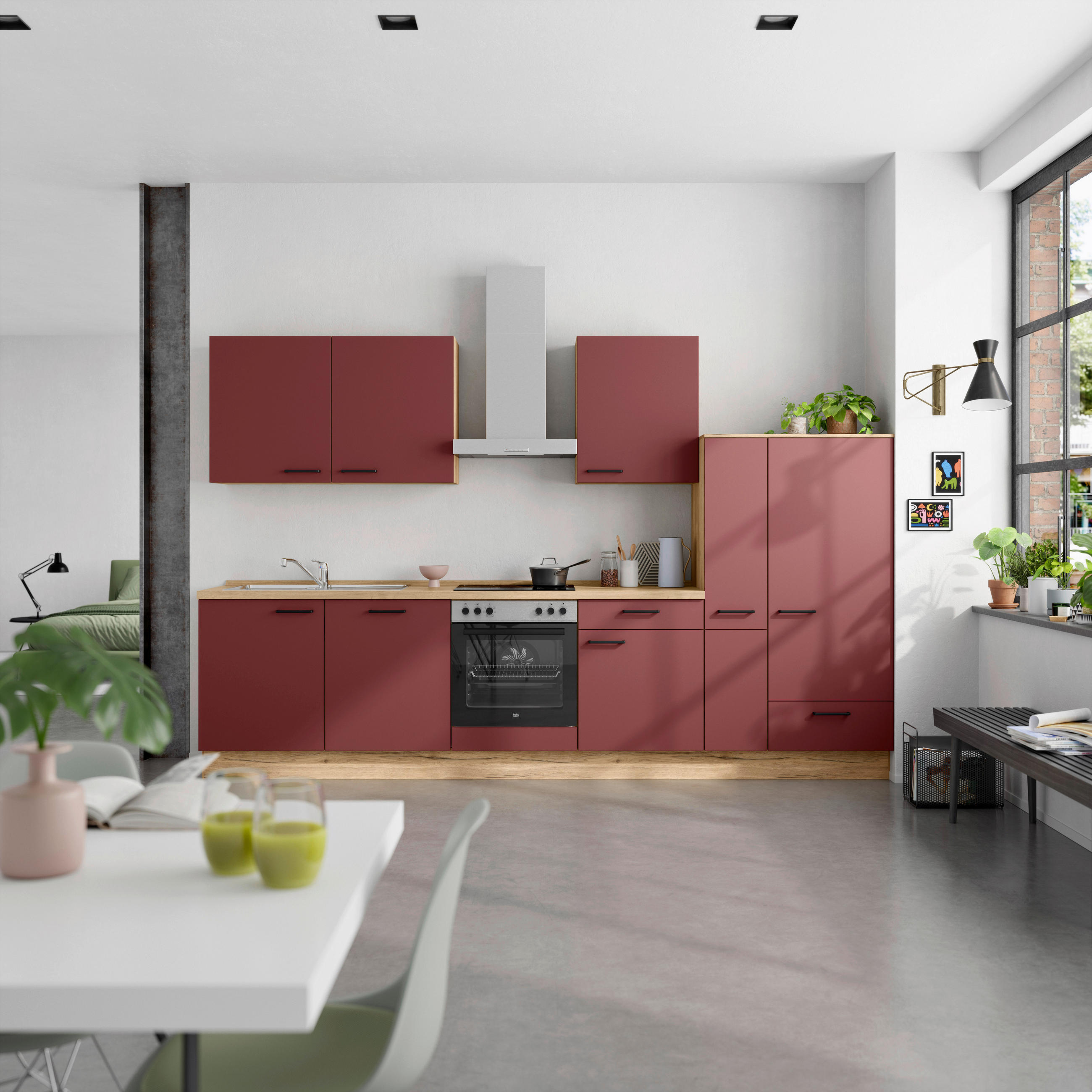 KÜCHENLEERBLOCK 330 cm   in Rot, Eichefarben  - Eichefarben/Rot, MODERN, Holzwerkstoff/Metall (330cm) - Nobilia
