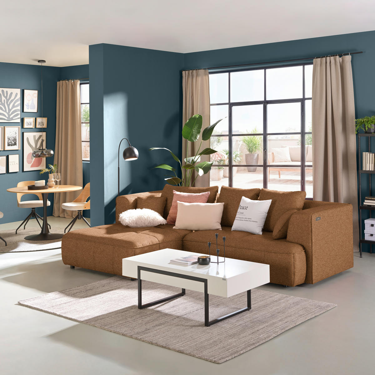 ECKSOFA Webstoff Cognac  - Cognac/Schwarz, Design, Kunststoff/Textil (188/288cm) - Welnova