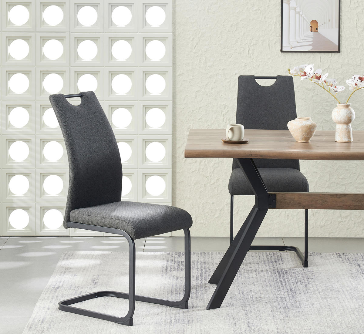 SCHWINGSTUHL-SET 2 Stück  in Webstoff  - Anthrazit/Schwarz, MODERN, Textil/Metall (43/98/59cm) - MID.YOU