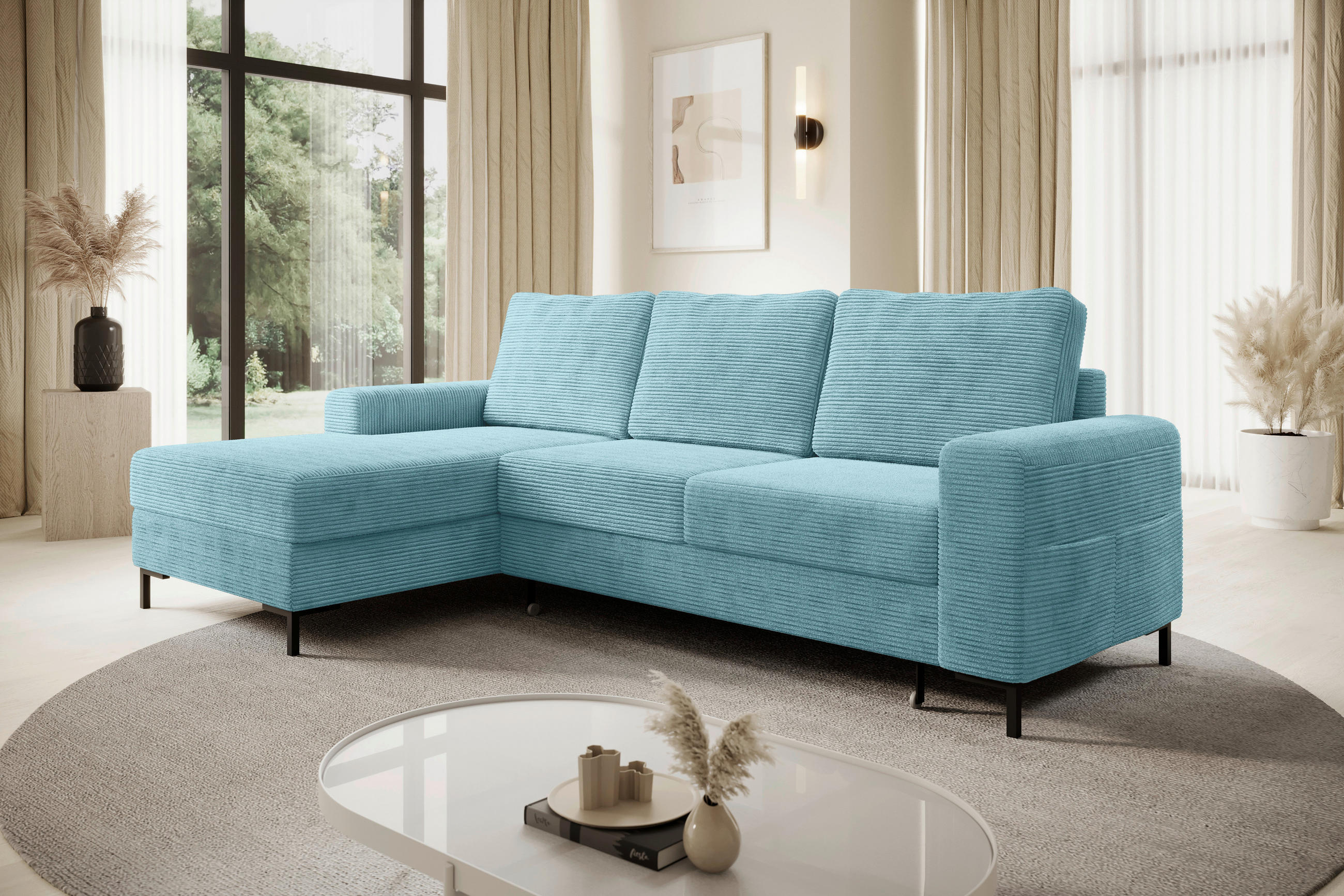 ECKSOFA Türkis Cord  - Türkis/Schwarz, KONVENTIONELL, Textil/Metall (150/240cm) - Carryhome
