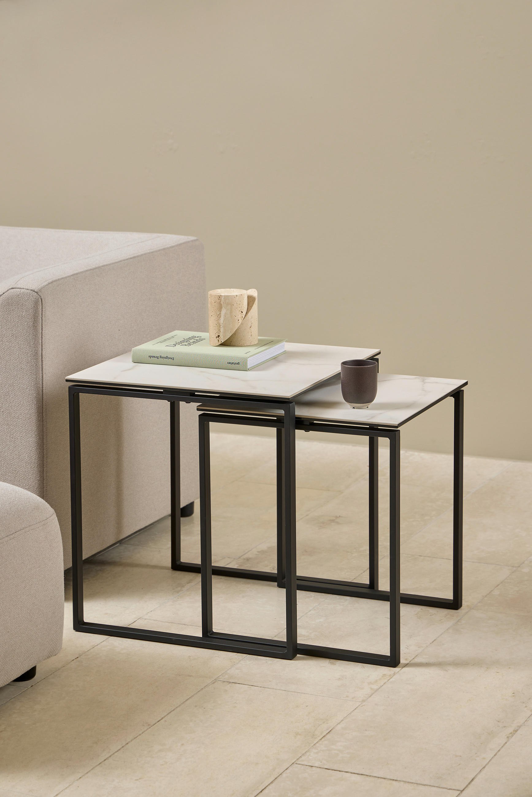 BEISTELLTISCHSET quadratisch Schwarz, Weiß  - Schwarz/Weiß, Trend, Glas/Keramik (43/50/50/55/43/50cm)