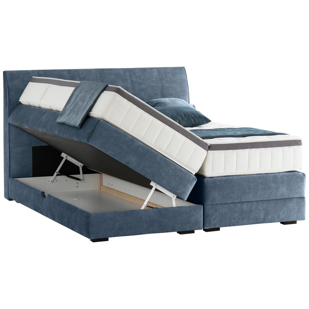 Thumbnail - Novel Boxspringbett, Blau, Textil, Wenge, H2, 7-Zonen, Höhe ca. 27 cm, 200x200 cm, Bettkasten, Federkernmatratze, Schlaf...