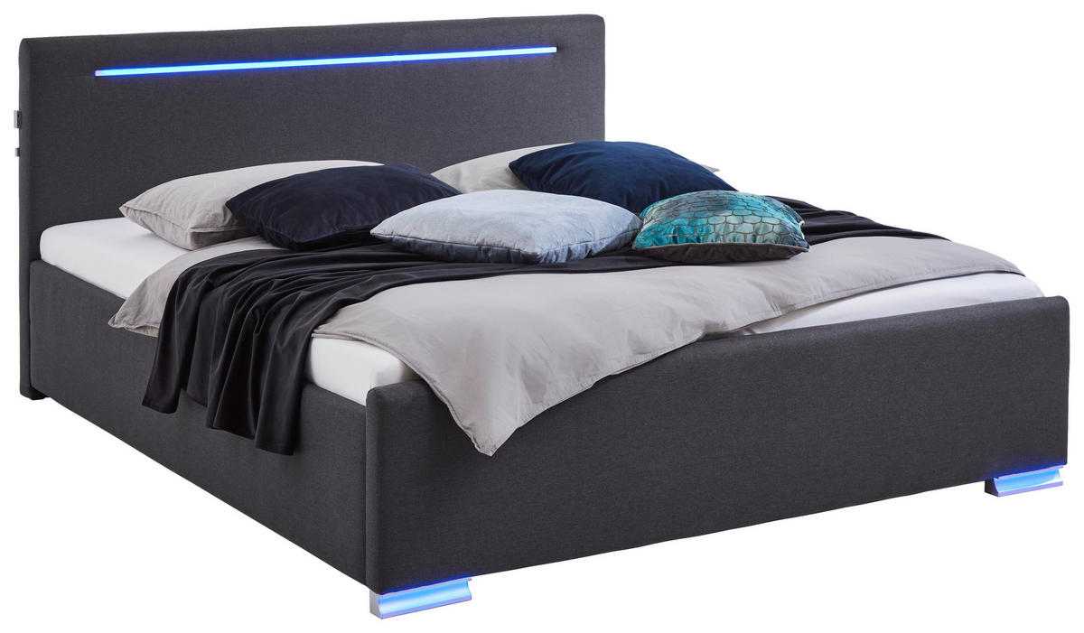 POLSTERBETT 180/200 cm,  in Anthrazit, Beleuchtung,  - Anthrazit/Silberfarben, Design, Kunststoff/Textil (180/200cm) - Boxxx