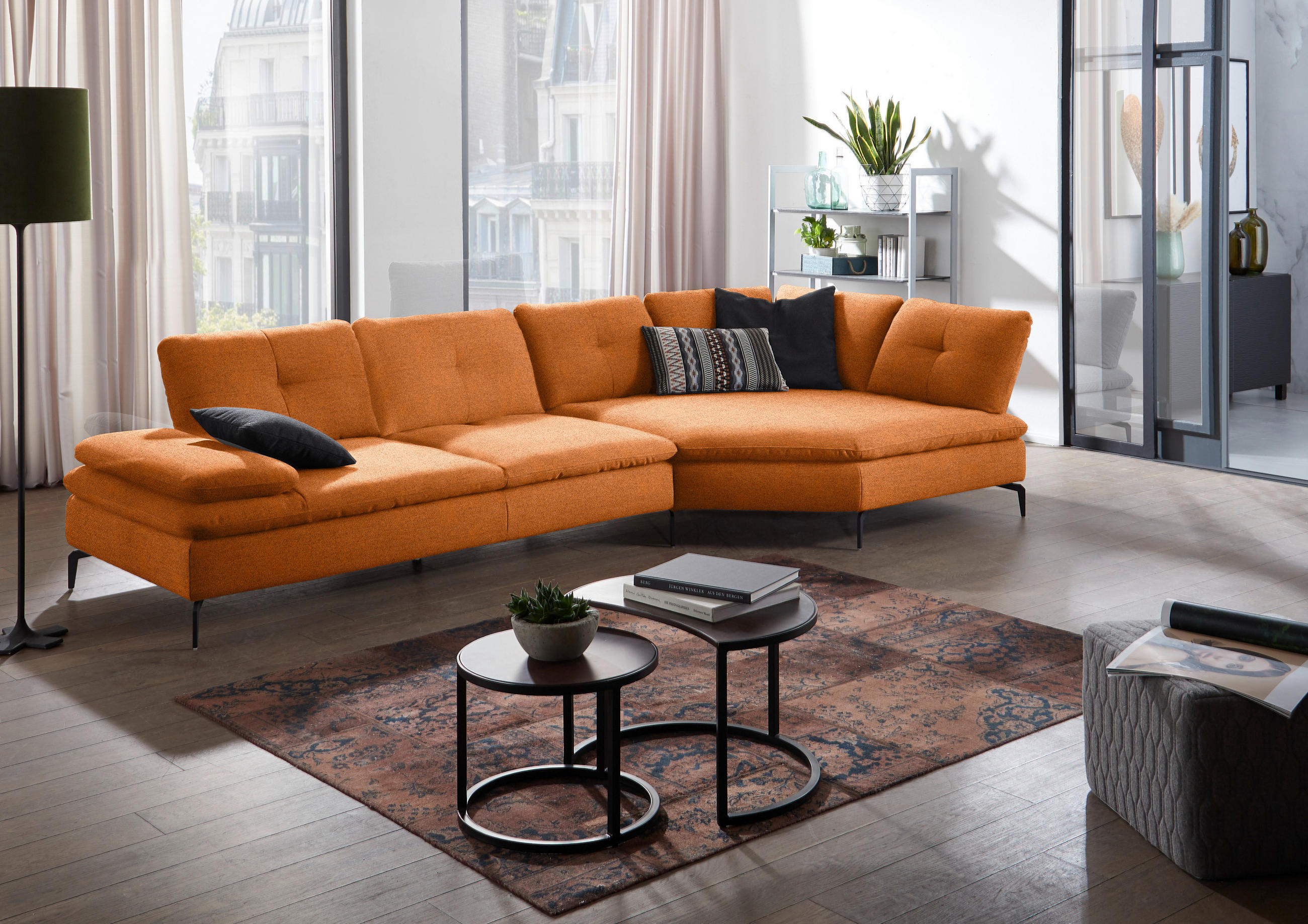 ECKSOFA in Flachgewebe Orange, Rostfarben  - Rostfarben/Schwarz, Design, Textil/Metall (344/157cm) - Chilliano