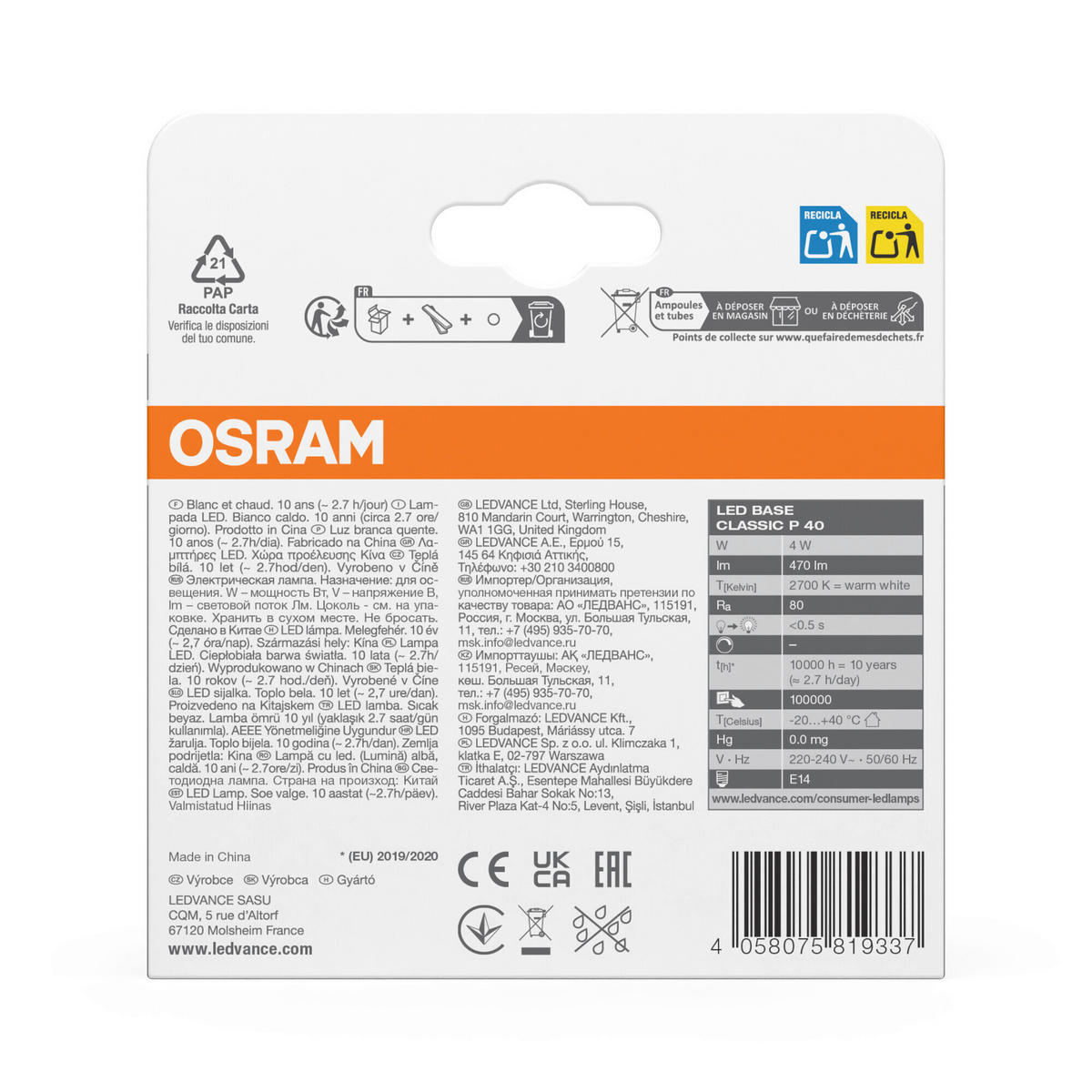 LED-FILAMENT-LEUCHTMITTEL   E14 4 W 470 lm  - Klar, Basics, Glas (4,5/8,4cm) - Osram