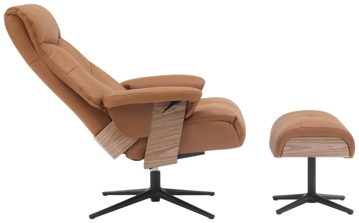 RELAXSESSELSET Lederlook Echtleder Hocker    - Schwarz/Braun, Design, Leder/Holz (78/111/81cm) - Livetastic