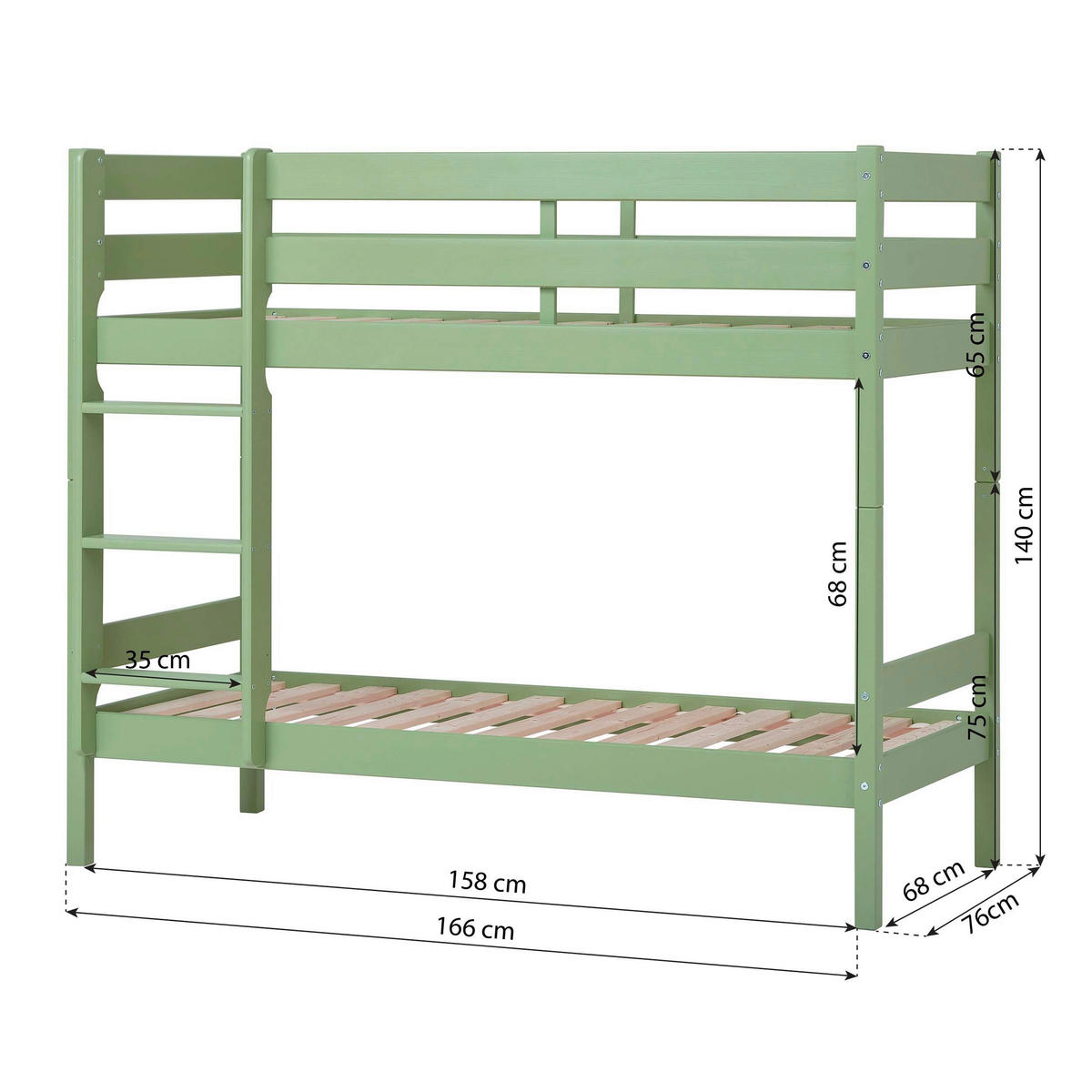 ETAGENBETT - Naturfarben/Grün, MODERN, Holz (70/160cm) - MID.YOU