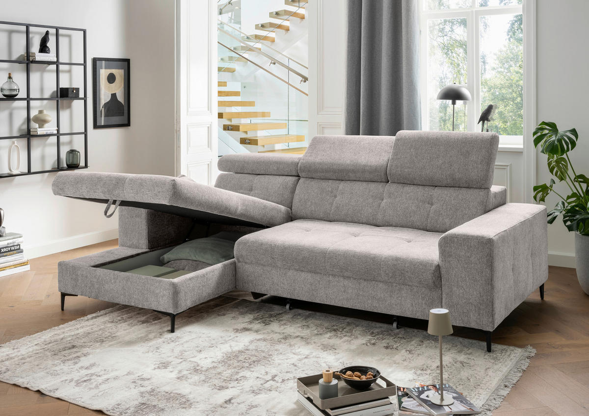 ECKSOFA NEAPEL Grau Chenille Zierkissen, Nierenkissen, Schlaffunktion, Kopfteilverstellung, Stauraum  - Schwarz/Grau, Basics, Textil/Metall (186/270cm) - Livetastic