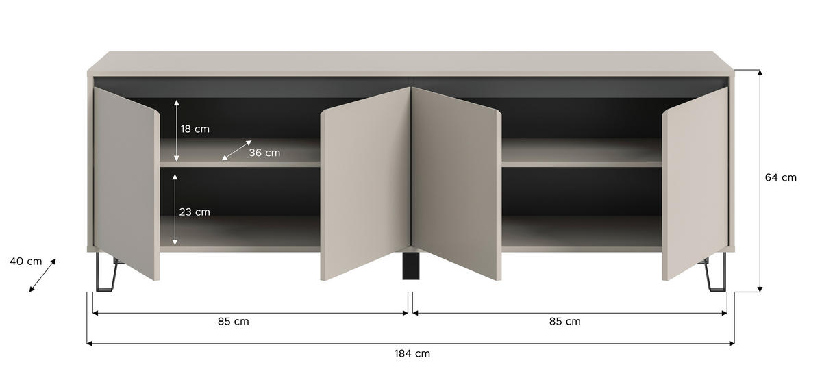 LOWBOARD  184/64/40 cm  stehend  - Kaschmir/Schwarz, Design, Holzwerkstoff/Metall (184/64/40cm) - MID.YOU