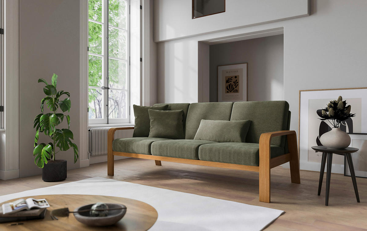 3-SITZER-SOFA in Mikrofaser Olivgrün  - Eichefarben/Olivgrün, Konventionell, Holz/Textil (200/91/93cm) - Livetastic