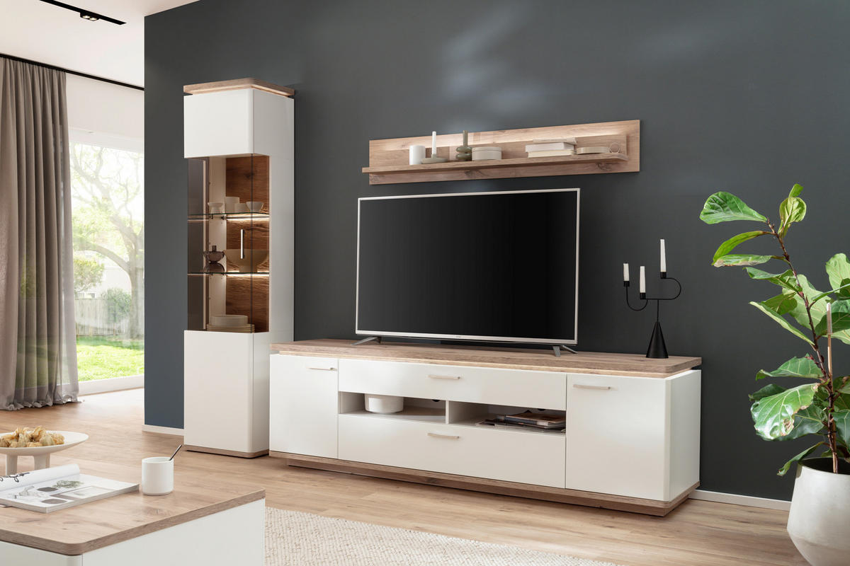 WOHNWAND  in Weiss, Eichefarben 270/208/50 cm  - Weiss/Eichefarben, Design, Glas/Holzwerkstoff (270/208/50cm) - Livetastic