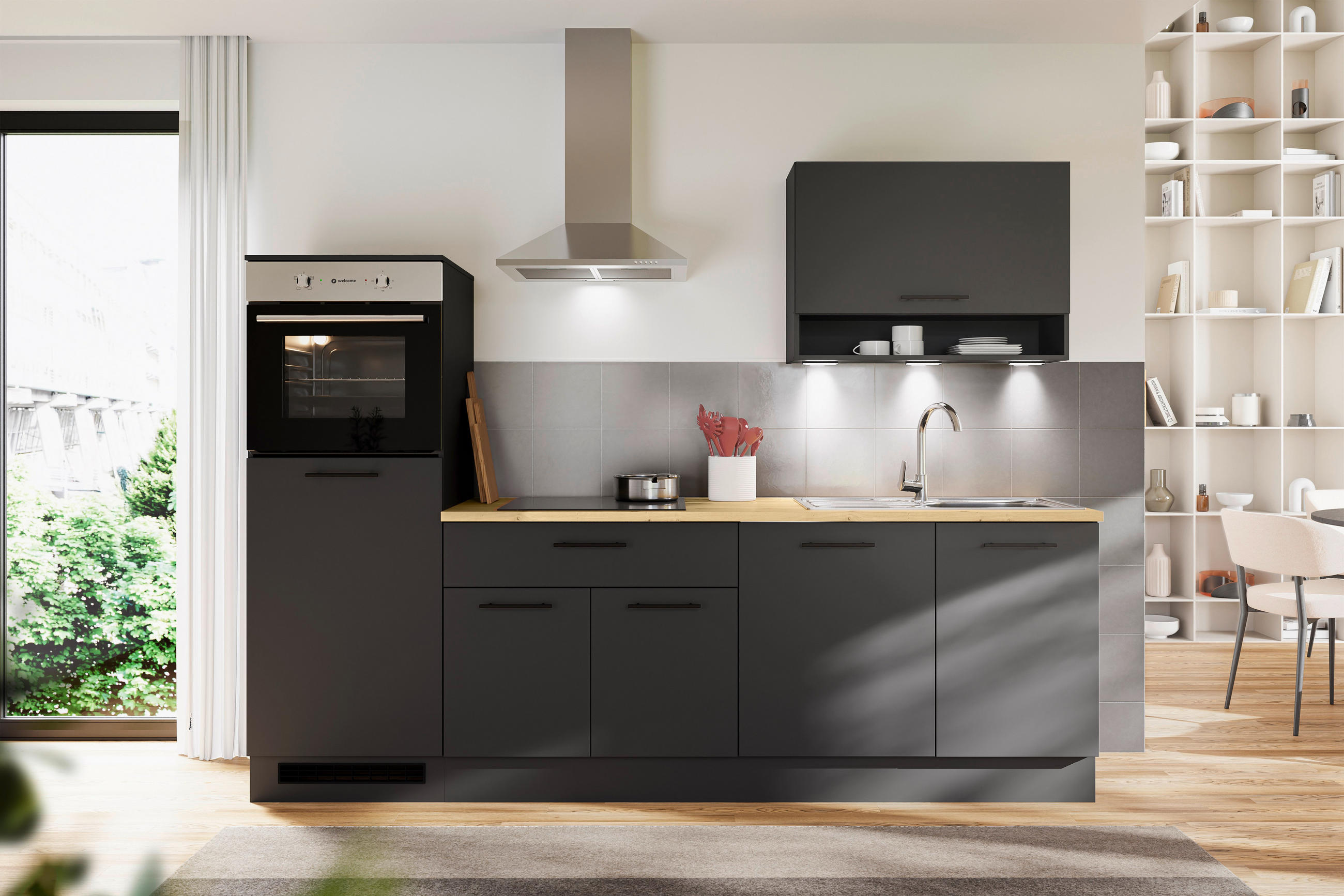 KÜCHENBLOCK 260 cm   in Schwarz, Eiche Artisan  - Schwarz/Eiche Artisan, Design, Holzwerkstoff/Metall (260cm) - MID.YOU