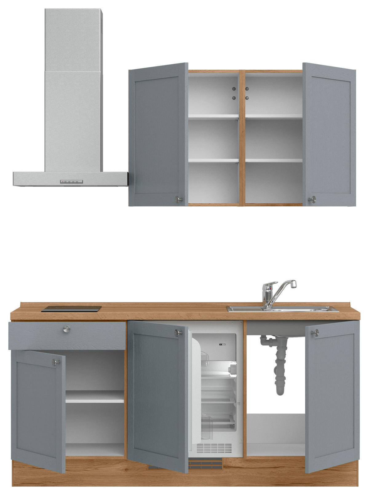 KÜCHENLEERBLOCK Frame 180 cm  in Eichefarben, Blaugrau  - Edelstahlfarben/Eichefarben, MODERN, Holzwerkstoff/Metall (180cm) - Nobilia