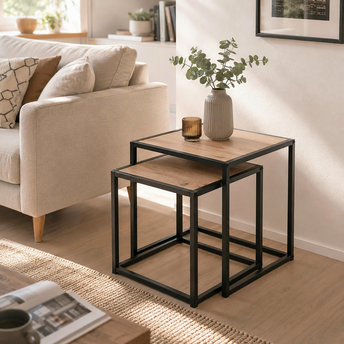 BEISTELLTISCHSET quadratisch Schwarz, Eichefarben  - Eichefarben/Schwarz, Trend, Holzwerkstoff/Metall (35-40/35-40/36-41cm)